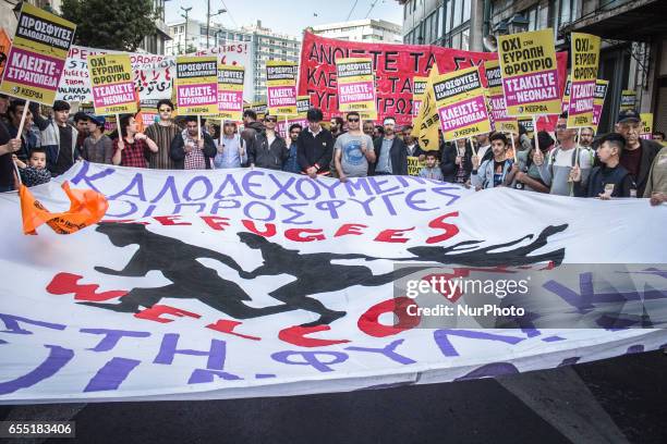 Huge crowd out on the streets of Athens, Greece, on 18 March 2017 protested against the EU Turkey treaty on the refugee/immigrant issue, that was...