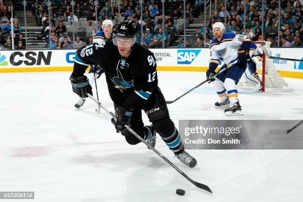 Patrick Marleau of the San Jose Sharks moves the puck during a NHL game against the St. Louis Blues at SAP Center at San Jose on March 16, 2017 in...