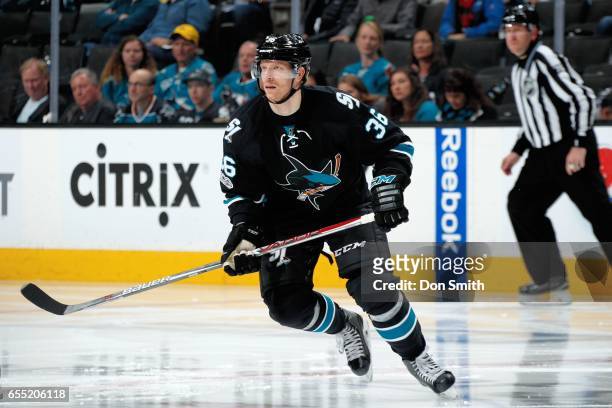 Jannik Hansen of the San Jose Sharks skates during a NHL game against the St. Louis Blues at SAP Center at San Jose on March 16, 2017 in San Jose,...