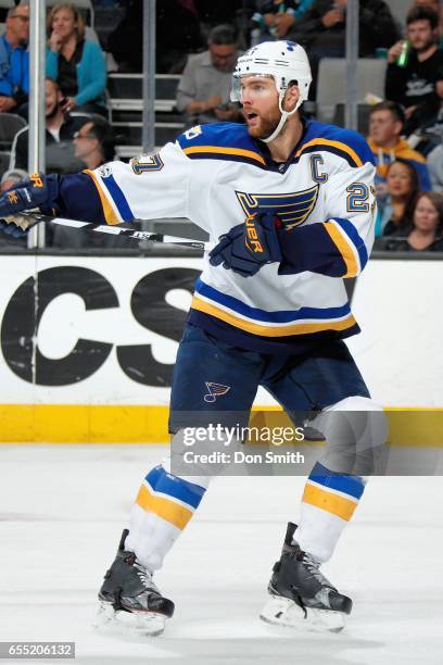 Alex Pietrangelo of the St. Louis Blues during a NHL game against the San Jose Sharks at SAP Center at San Jose on March 16, 2017 in San Jose,...