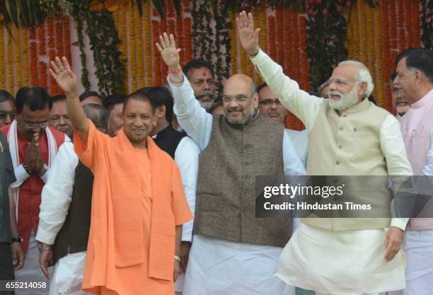 S Deputy CM Keshav Prasad?Maurya, BJP?president Amit Shah, UP CM Yogi Adityanath and Prime Minister Narendra Modi with other party leaders during the...
