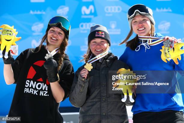 Tess Ledeuxof France wins the gold medal, Emma Dahlstrom of Sweden wins the silver medal, Isabel Atkin of Great Britain wins the bronze medal during...