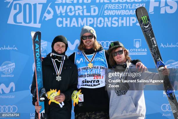 Mcrae Williams of USA wins the gold medal, Gus Kenworthy of USA wins the silver medal, James Woods of Great Britain wins the bronze medal during the...
