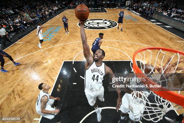 Andrew Nicholson of the Brooklyn Nets grabs the rebound against the Dallas Mavericks on March 19, 2017 at Barclays Center in Brooklyn, New York. NOTE...