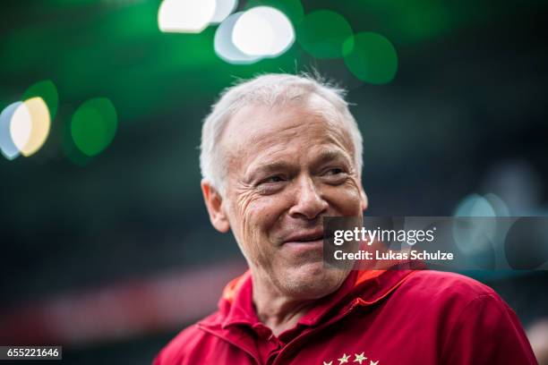 Coach Hermann Gerland of Munich is seen prior to the Bundesliga match between Borussia Moenchengladbach and Bayern Muenchen at Borussia-Park on March...