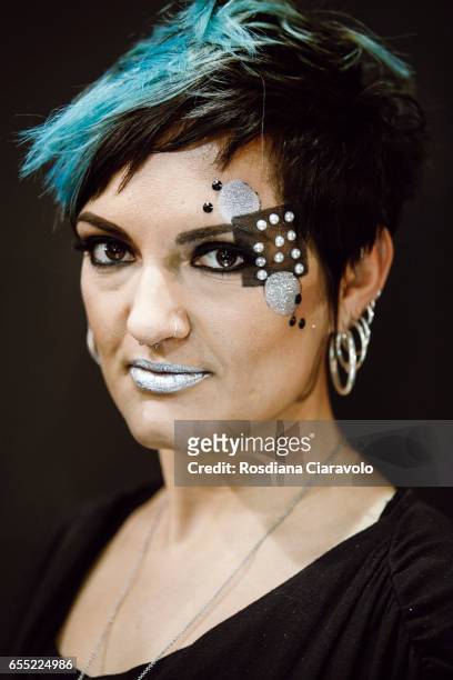 Make up artist ,beauty detail, is seen at LA TRUCCHERIA - MAKE UP FOR EVER stand during the 50th Cosmoprof on March 18, 2017 in Bologna, Italy.