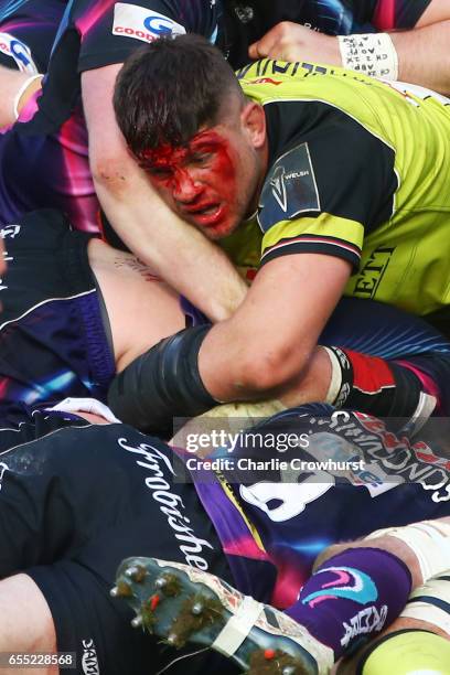 Mike Williams of Leicester Tigers battles for the ball during the Anglo-Welsh Cup Final between Exeter Chiefs and Leicester Tigers at the Twickenham...