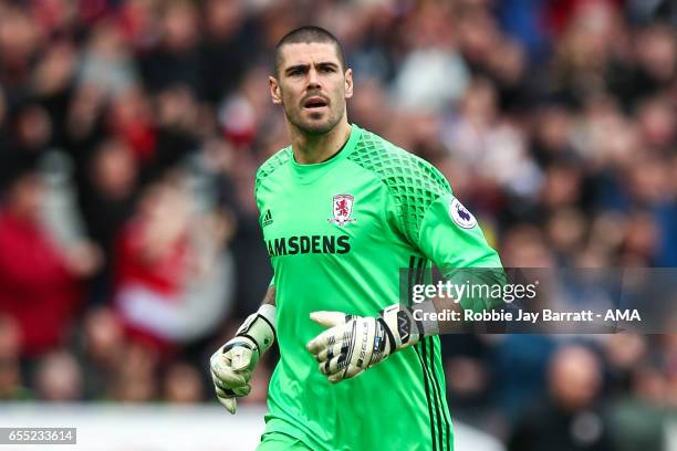 Victor Valdes goalkeeper of Middlesbrough during the Premier League match between Middlesbrough and Manchester United at Riverside Stadium on March...