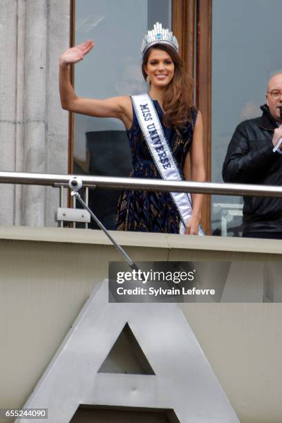 Miss Universe 2017 and Miss France 2016, Universe Mittenaere salutes the crowd on the top upon her arrival to visit Lille, her hometown, on March 19,...