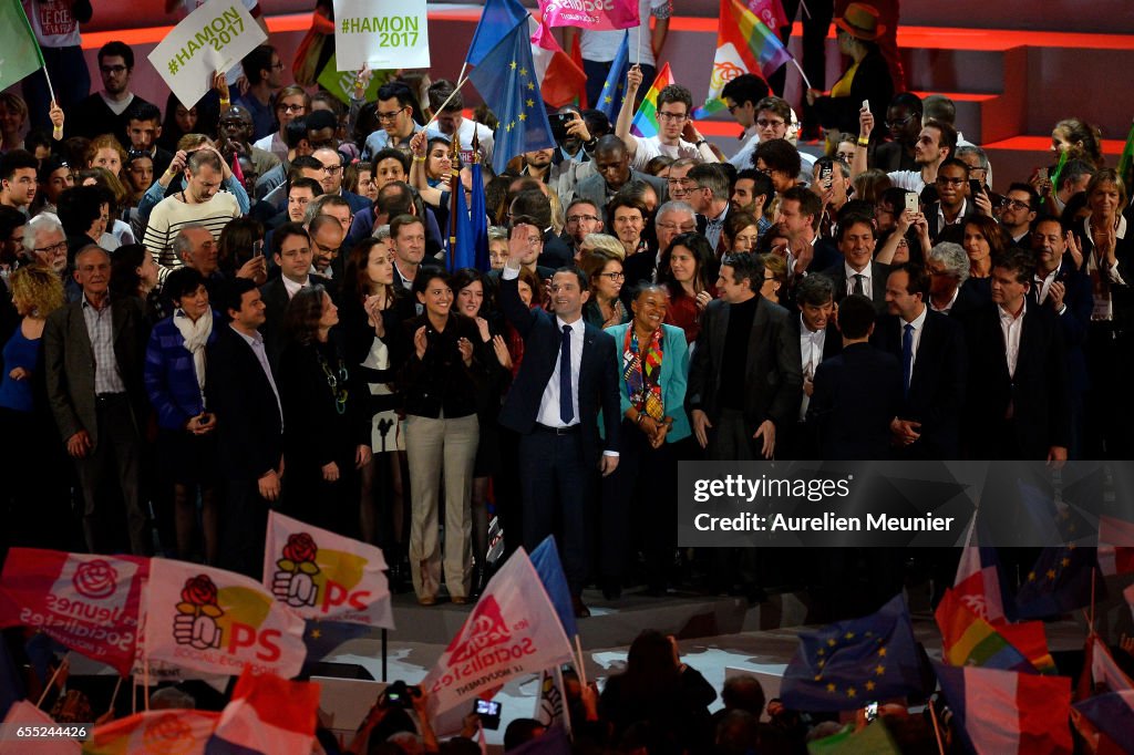 French Presidential Candidate Benoit Hamon Holds A Rally Meeting In Paris