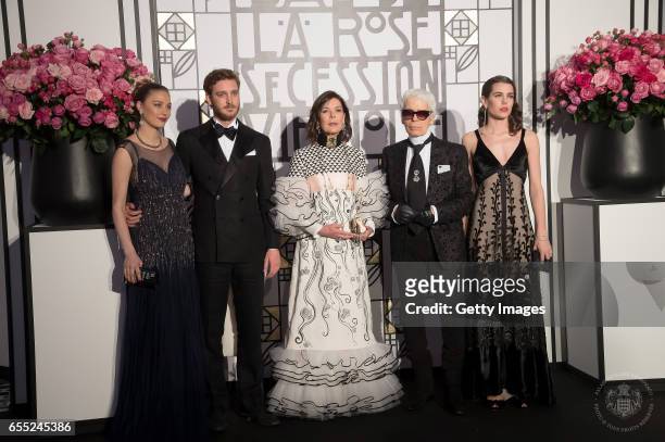 In this handout image provided by Le Palais Princier, Beatrice Borromeo,Pierre Casiraghi, Princess Caroline of Hanover, Karl Lagerfeld and Charlotte...