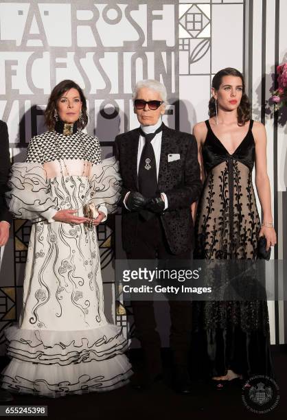 In this handout image provided by Le Palais Princier, Caroline of Hanover, Karl Lagerfeld and Charlotte Casiraghi attend the Rose Ball 2017 To...