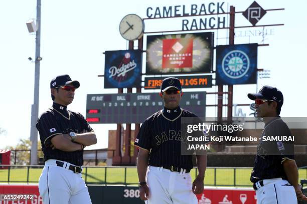 Manager Hiroki Kokubo of Japan looks on during the exhibition game between Japan and Los Angeles Dodgers at Camelback Ranch on March 19, 2017 in...