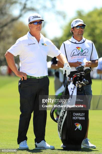 Charley Hoffman of the United States and caddie Brett Waldman look on during the final round of the Arnold Palmer Invitational Presented By...