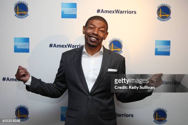 Golden State Warriors legend Muggsy Bogues poses for a photo at the third American Express "All for Dub Nation" Watch Party on the S.S. Dub Nation on...