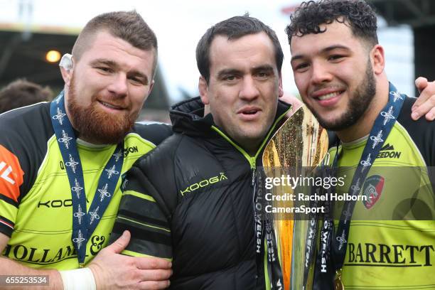 Leicester Tigers Michele Rizzo, Marcos Ayerza and Ellis Genge LONDON, ENGLAND during the Anglo-Welsh Cup Final match between Exeter Chiefs and...