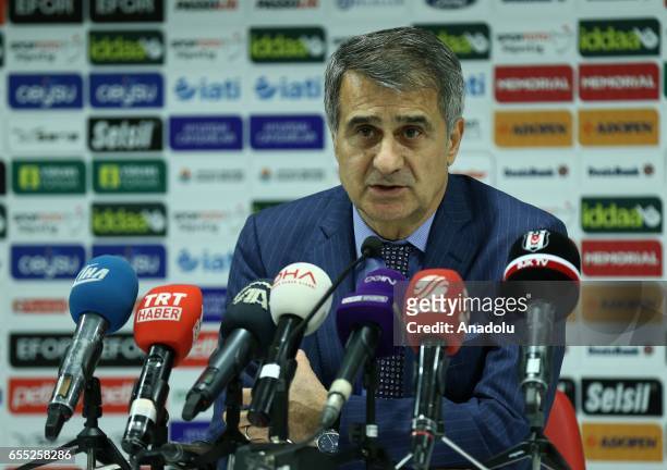 Head coach of Besiktas Senol Gunes speaks to press members after the Turkish Spor Toto Super Lig football match between Antalyaspor and Besiktas at...