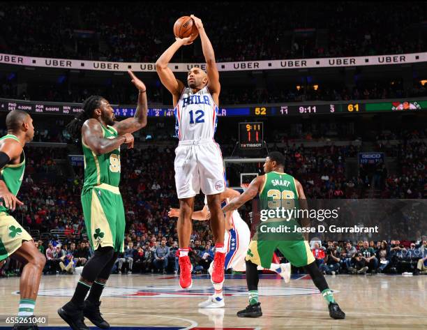 Gerald Henderson of the Philadelphia 76ers shoots the ball against the Boston Celtics at Wells Fargo Center on March 19, 2017 in Philadelphia,...