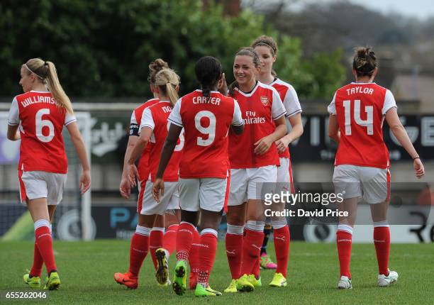 Danielle Carter celebrates scoring a goal for Arsenal Ladies with Katie McCabe during the match between Arsenal Ladies and Tottenham Hotspur Ladies...