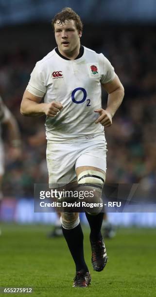 Joe Launchbury of England looks on during the RBS Six Nations match between Ireland and England at the Aviva Stadium on March 18, 2017 in Dublin,...