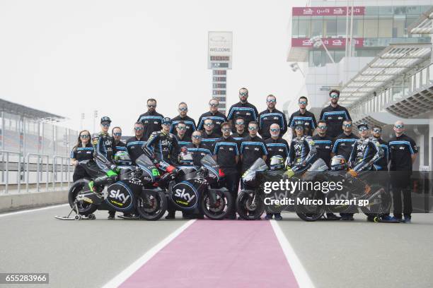 The Sky Racing Team VR46 pose in pit during the Moto2 And Moto3 Tests In Losail at Losail Circuit on March 19, 2017 in Doha, Qatar.