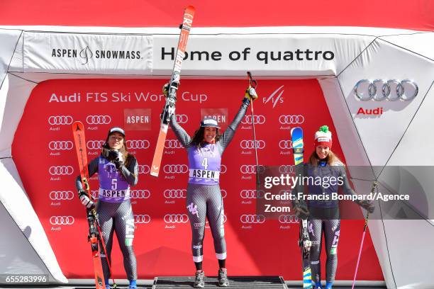 Sofia Goggia of Italy takes 2nd place, Federica Brignone of Italy takes 1st place, Marta Bassino of Italy takes 3rd place during the Audi FIS Alpine...