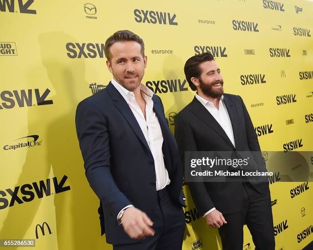 Actors Ryan Reynolds and Jake Gyllenhaal attend the "Life" premiere during 2017 SXSW Conference and Festivals at the ZACH Theatre on March 18, 2017...