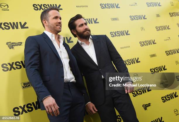 Actors Ryan Reynolds and Jake Gyllenhaal attend the "Life" premiere during 2017 SXSW Conference and Festivals at the ZACH Theatre on March 18, 2017...