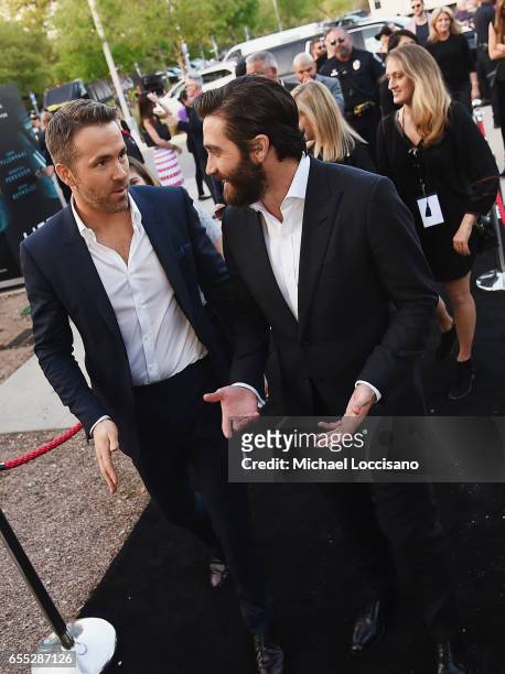 Actors Ryan Reynolds and Jake Gyllenhaal attend the "Life" premiere during 2017 SXSW Conference and Festivals at the ZACH Theatre on March 18, 2017...