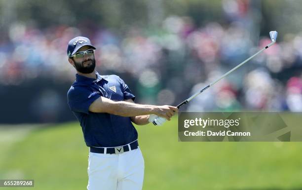 Adam Hadwin of Canada plays his second shot at the par 4, first hole during the final round of the 2017 Arnold Palmer Invitational presented by...