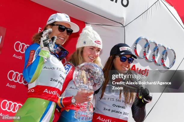 Ilka Stuhec of Slovenia takes 2nd place in the overall standings, Mikaela Shiffrin of USA wins the globe in the overall standings, Sofia Goggia of...