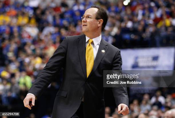 Head coach Gregg Marshall of the Wichita State Shockers reacts in the first half against the Kentucky Wildcats during the second round of the 2017...