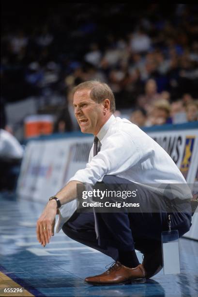 Head Coach John Beilein of the Richmond Spiders gets angry on the sidelines during the game against the Charleston Cougars at the Charlotte Coliseum...