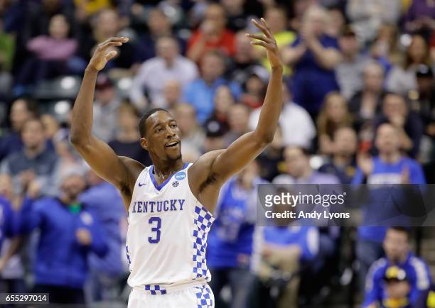Edrice Adebayo of the Kentucky Wildcats reacts to his dunk in the second half against the Wichita State Shockers during the second round of the 2017...