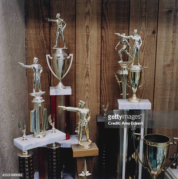 trophies in display cabinet - trophy cabinet stock pictures, royalty-free photos & images