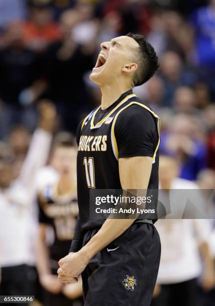 Landry Shamet of the Wichita State Shockers reacts to hitting a 3-point shot in the last mintute of regulation against the Kentucky Wildcats during...