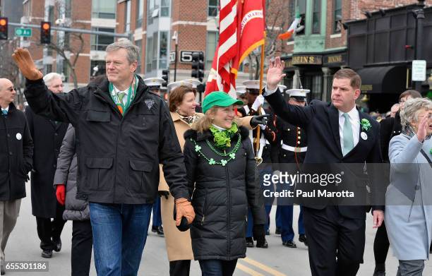 Massachusetts Governor Charlie Baker and Boston Mayor Marty Walsh participate in the St. Patrick's Day Parade on March 19, 2017 in Boston,...