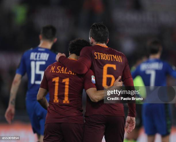 Mohamed Salah with his teammate Kevin Strootman of AS Roma celebrates after scoring the team's second goal during the Serie A match between AS Roma...