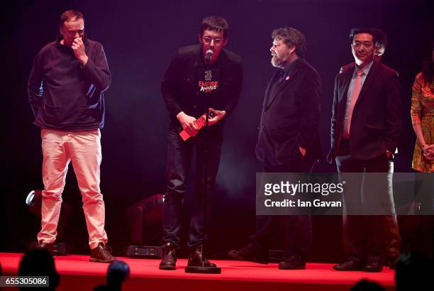 Andy Hung, Ben Wheatley, Jim Hosking and Andy Starke accept the award for Best Comedy for the film The Greasy Strangler during the THREE Empire...