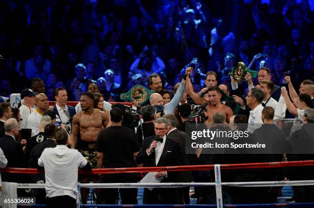 Gennady Golovkin battles Daniel Jacobs during their Middleweight Title bout on March 18, 2017 at the Madison Square Garden in New York City, New...