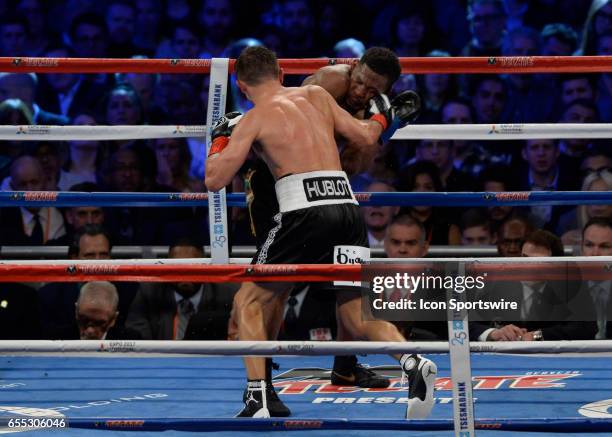 Gennady Golovkin battles Daniel Jacobs during their Middleweight Title bout on March 18, 2017 at the Madison Square Garden in New York City, New...