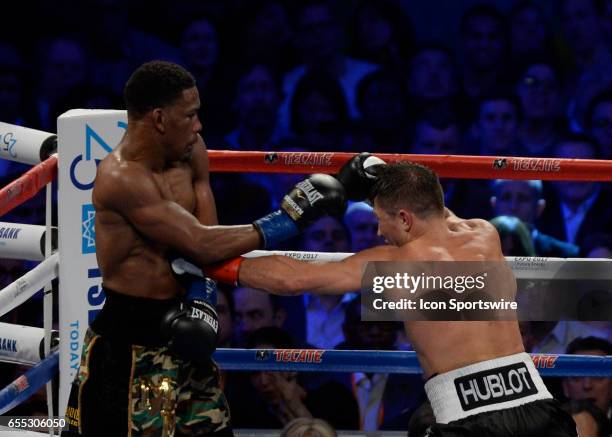 Gennady Golovkin battles Daniel Jacobs during their Middleweight Title bout on March 18, 2017 at the Madison Square Garden in New York City, New...