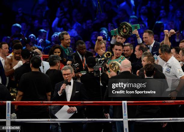 Gennady Golovkin battles Daniel Jacobs during their Middleweight Title bout on March 18, 2017 at the Madison Square Garden in New York City, New...