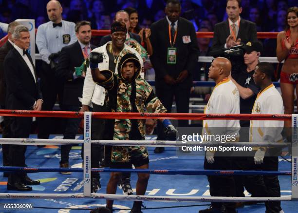 Danny Jacobs salutes the crowd prior to the fight as Gennady Golovkin battles Daniel Jacobs during their Middleweight Title bout on March 18, 2017 at...