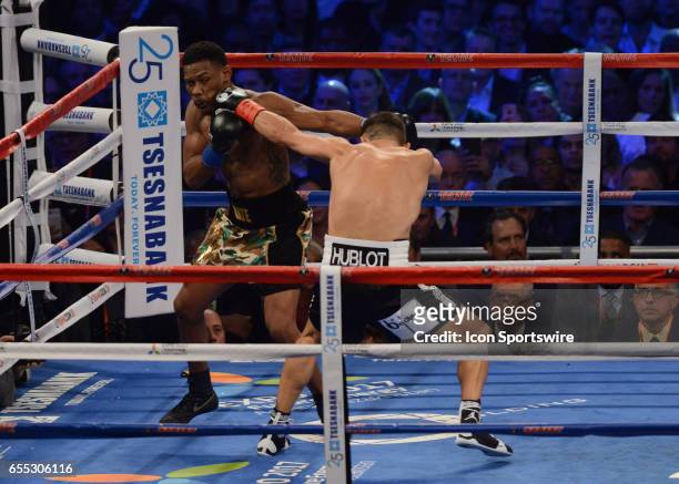 Gennady Golovkin battles Daniel Jacobs during their Middleweight Title bout on March 18, 2017 at the Madison Square Garden in New York City, New...