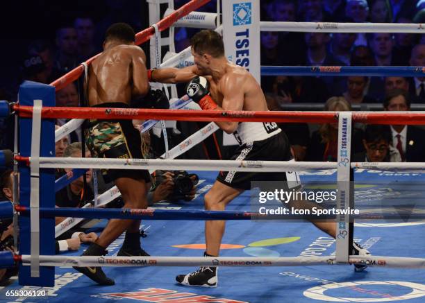 Gennady Golovkin battles Daniel Jacobs during their Middleweight Title bout on March 18, 2017 at the Madison Square Garden in New York City, New...