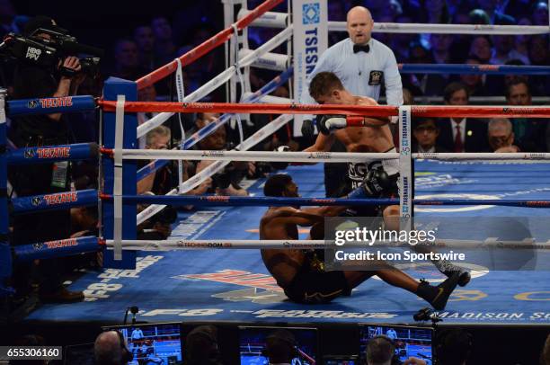 Gennady Golovkin battles Daniel Jacobs during their Middleweight Title bout on March 18, 2017 at the Madison Square Garden in New York City, New...