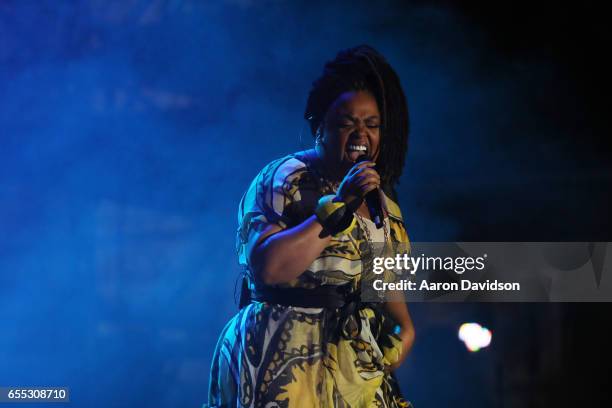 Singer Jill Scott performs on stage at The 12th Annual Jazz In The Gardens Music Festival - Day 1 at Hard Rock Stadium on March 18, 2017 in Miami...