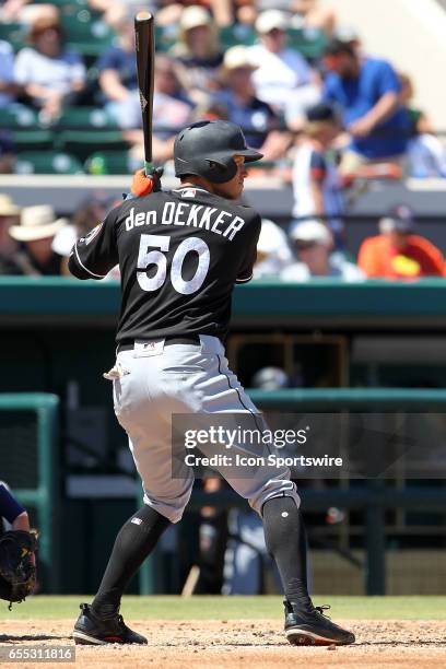 Matt den Dekker of the Marlins at bat during the spring training game between the Miami Marlins and the Detroit Tigers on March 18, 2017 at Joker...