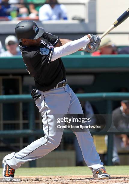 Destin Hood of the Marlins at bat during the spring training game between the Miami Marlins and the Detroit Tigers on March 18, 2017 at Joker...